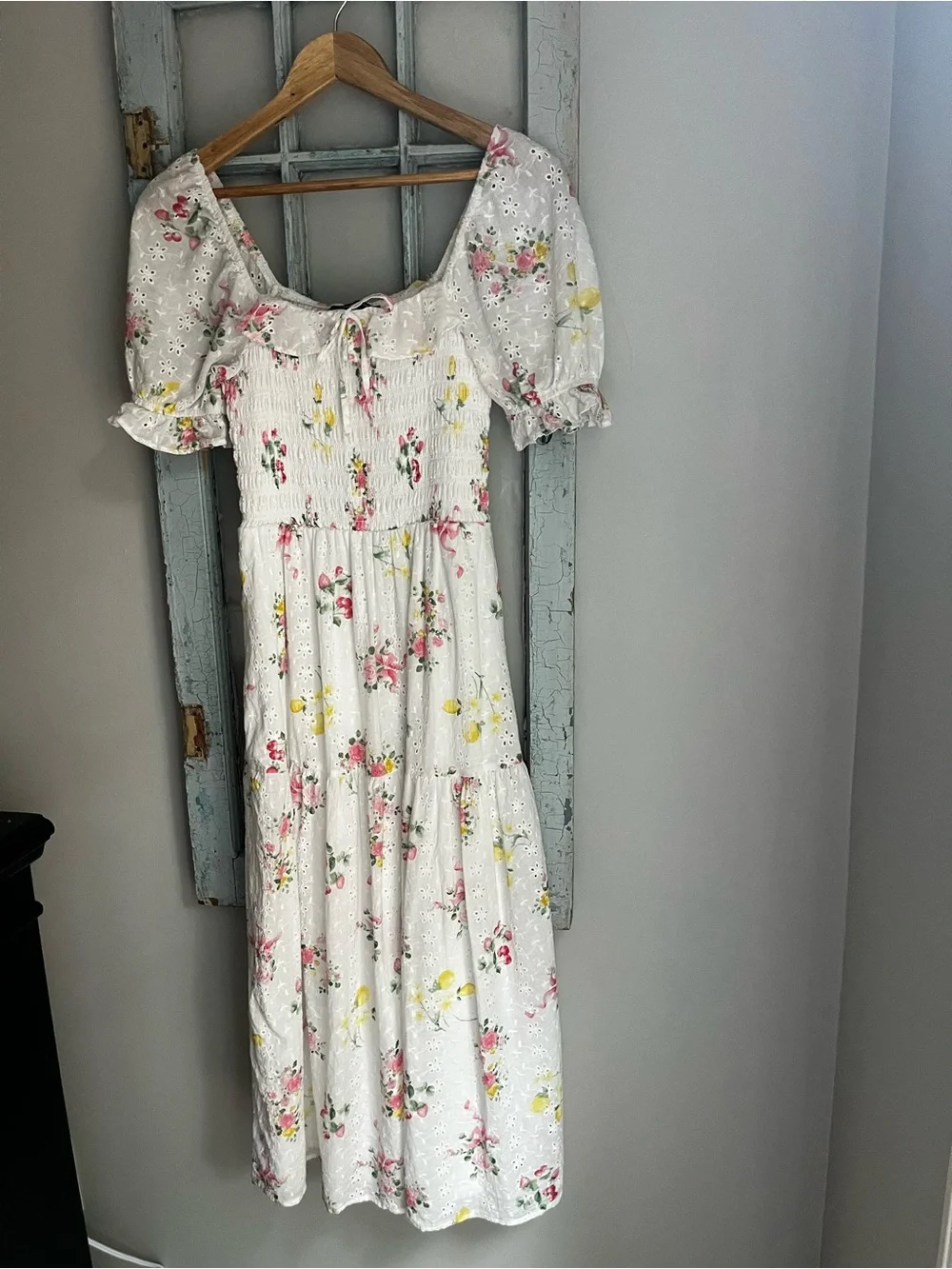 Crystal Sky Floral Eyelet Smocked Midi Dress - Size XS